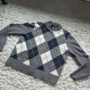 J. Crew 100% Premium Lambswool Argyle Tan/Cream/Black Full Zip Sweater Size Men’